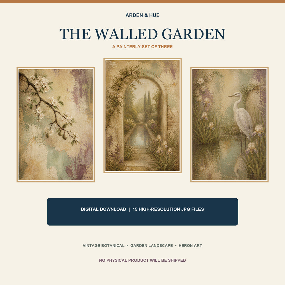 The Walled Garden Printable Wall Art Set of 3 | Vintage Botanical Garden & Heron Digital Prints
