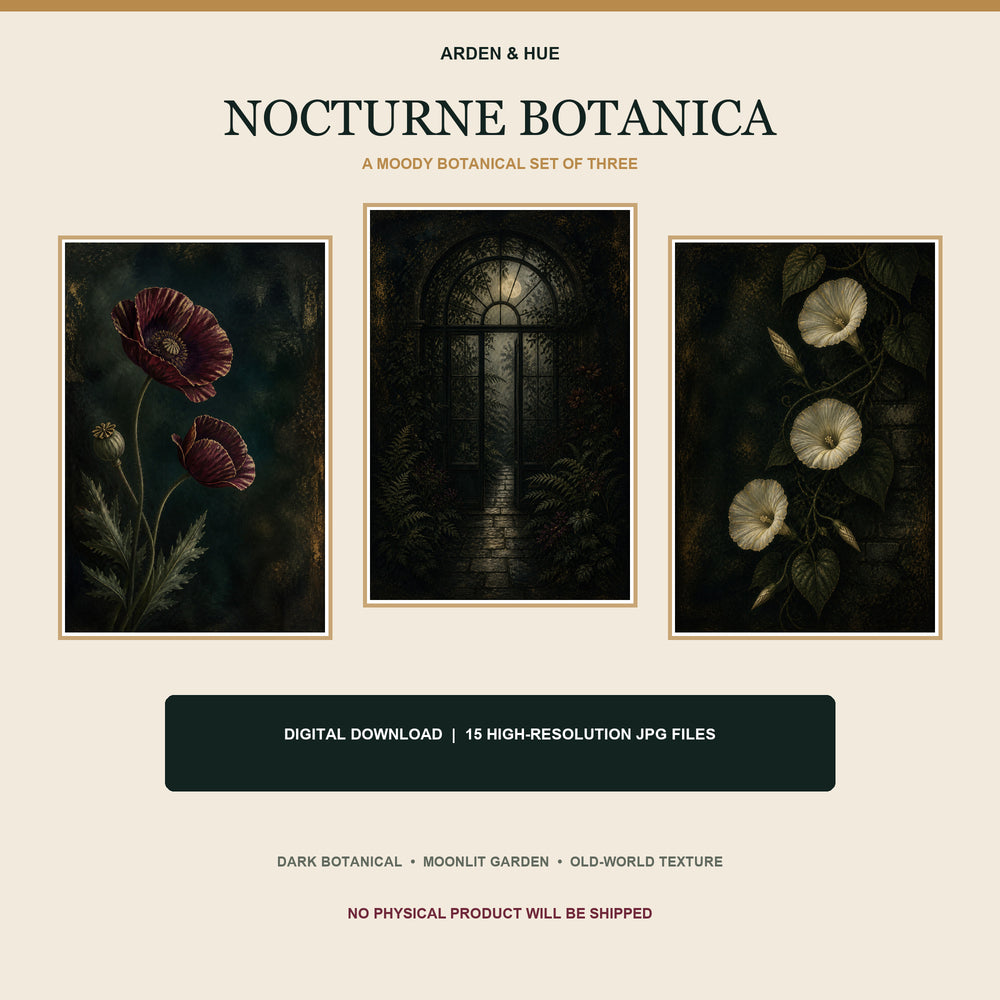 Nocturne Botanica Printable Wall Art Set of 3 | Moody Floral & Moonlit Garden Digital Prints
