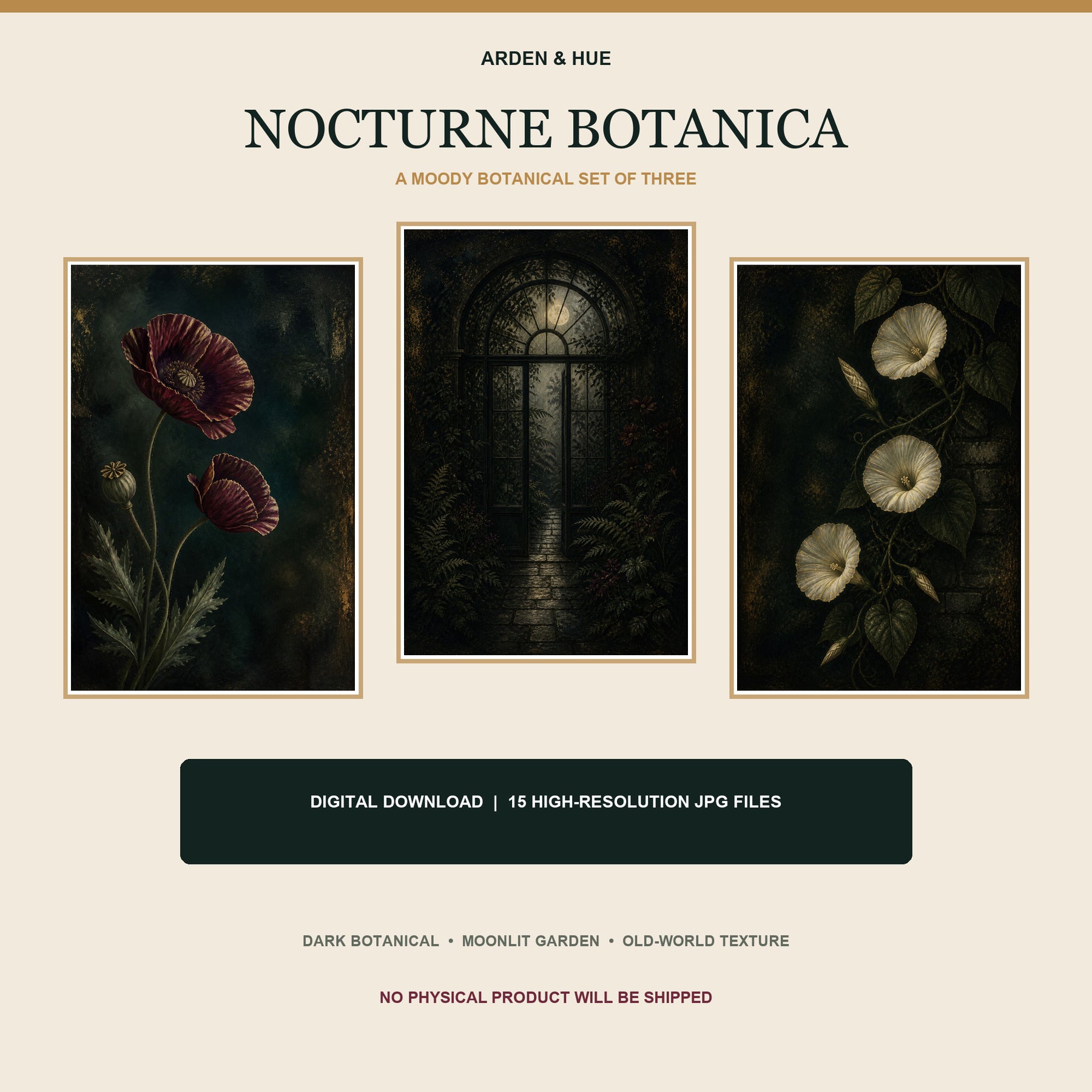 Nocturne Botanica Printable Wall Art Set of 3 | Moody Floral & Moonlit Garden Digital Prints