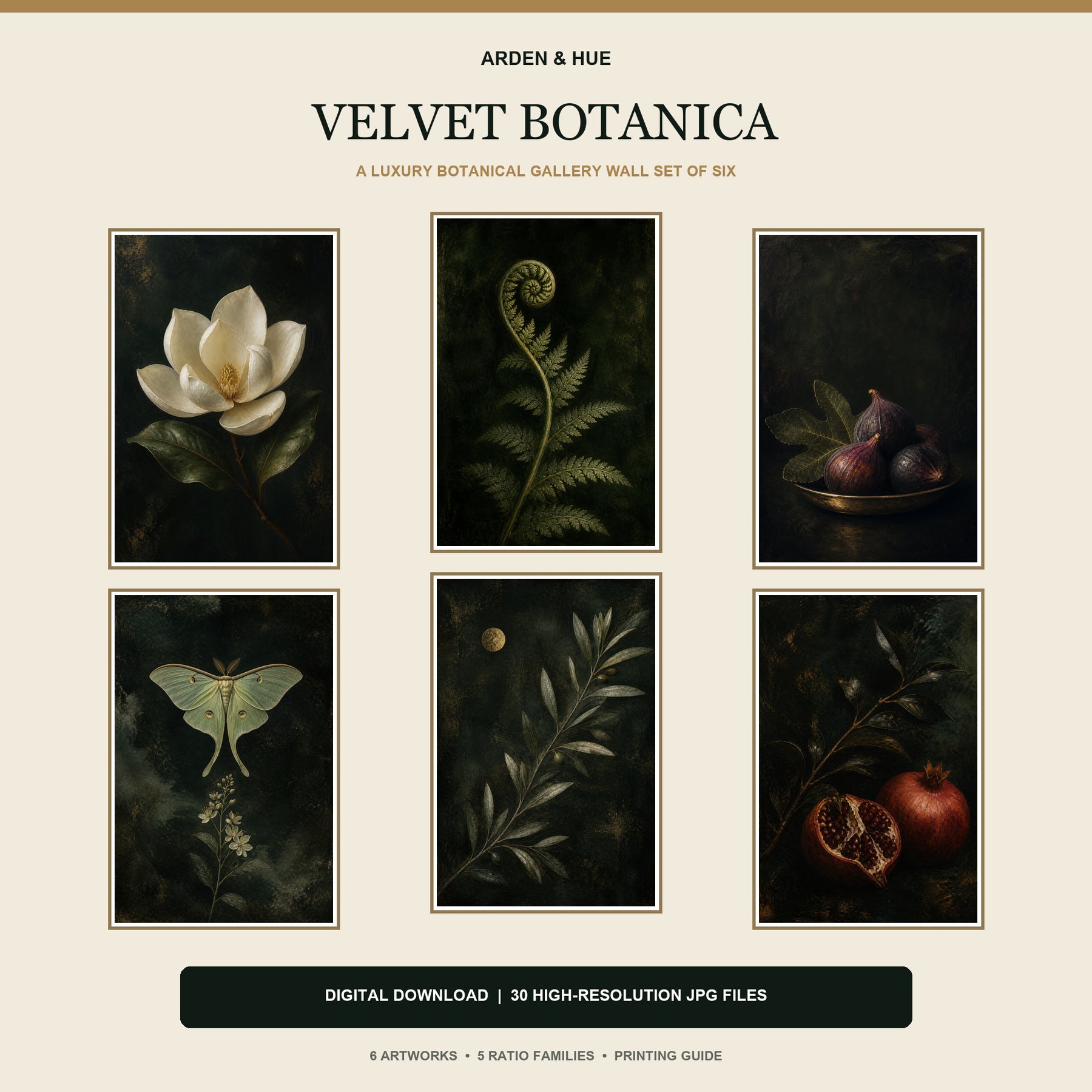 Velvet Botanica Printable Wall Art Set of 6 | Moody Dark Botanical Gallery Wall Digital Prints