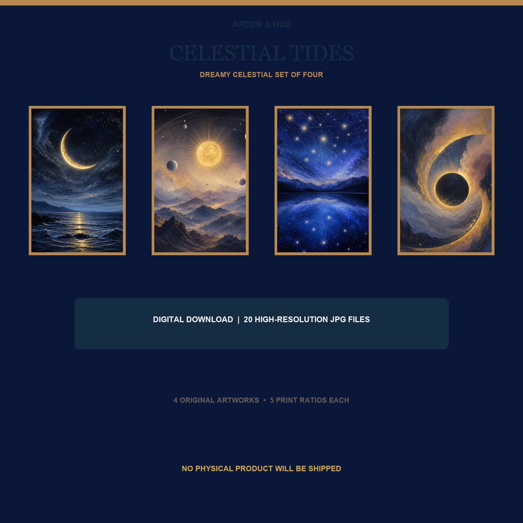 Celestial Tides Printable Wall Art Set of 4 | Dreamy Celestial Set of Four Digital Prints