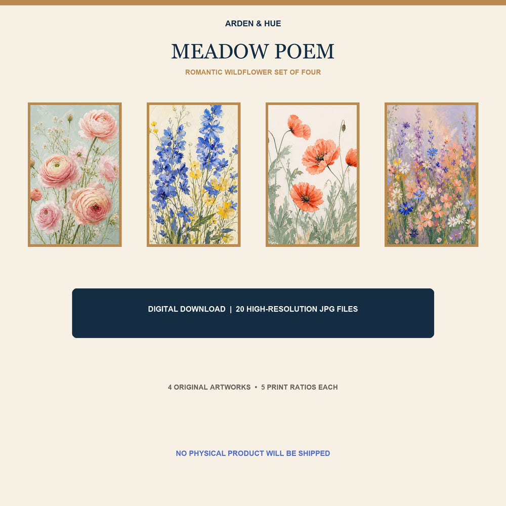 Meadow Poem Printable Wall Art Set of 4 | Romantic Wildflower Set of Four Digital Prints
