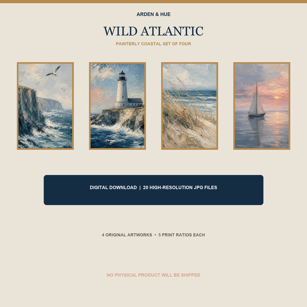 Wild Atlantic Printable Wall Art Set of 4 | Painterly Coastal Set of Four Digital Prints