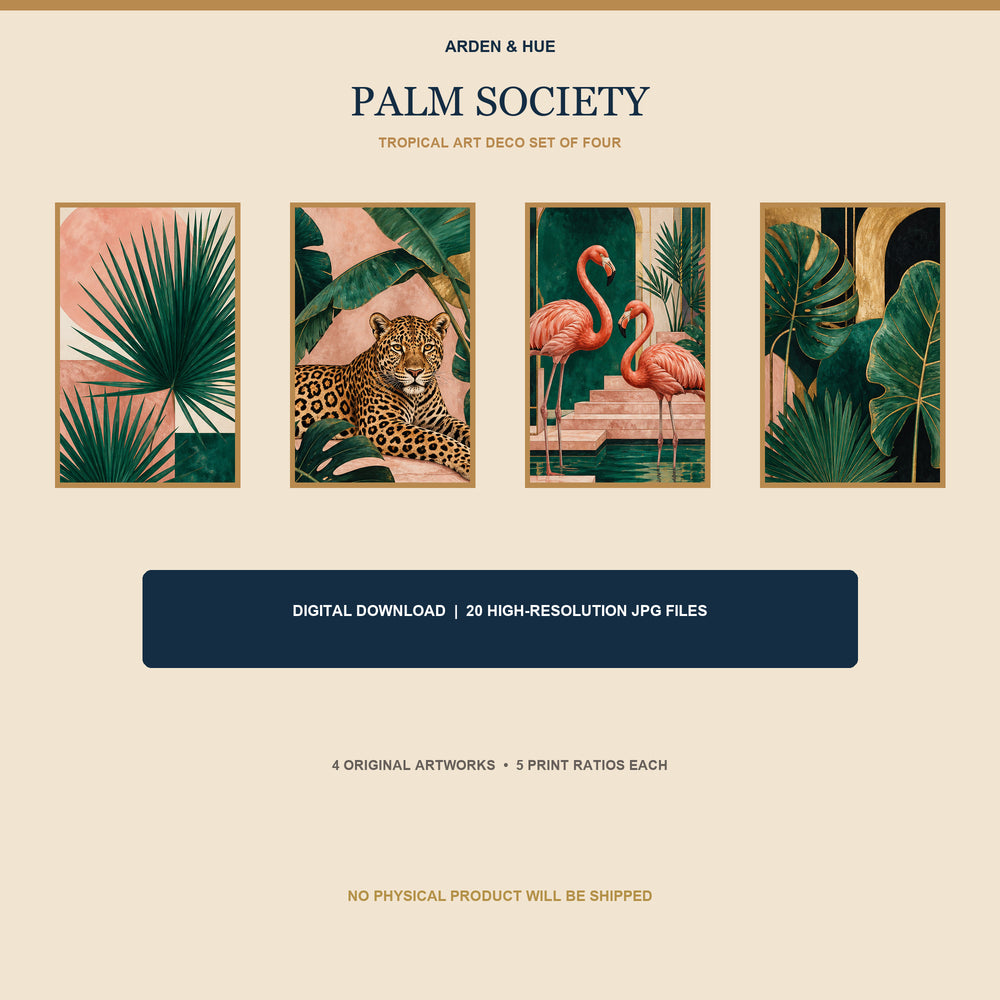 Palm Society Printable Wall Art Set of 4 | Tropical Art Deco Set of Four Digital Prints