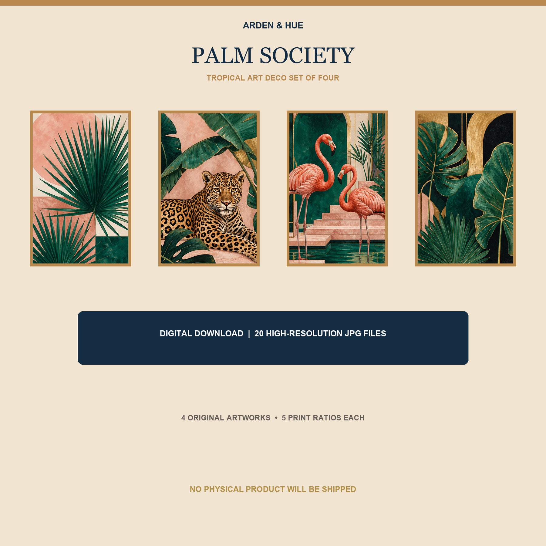 Palm Society Printable Wall Art Set of 4 | Tropical Art Deco Set of Four Digital Prints