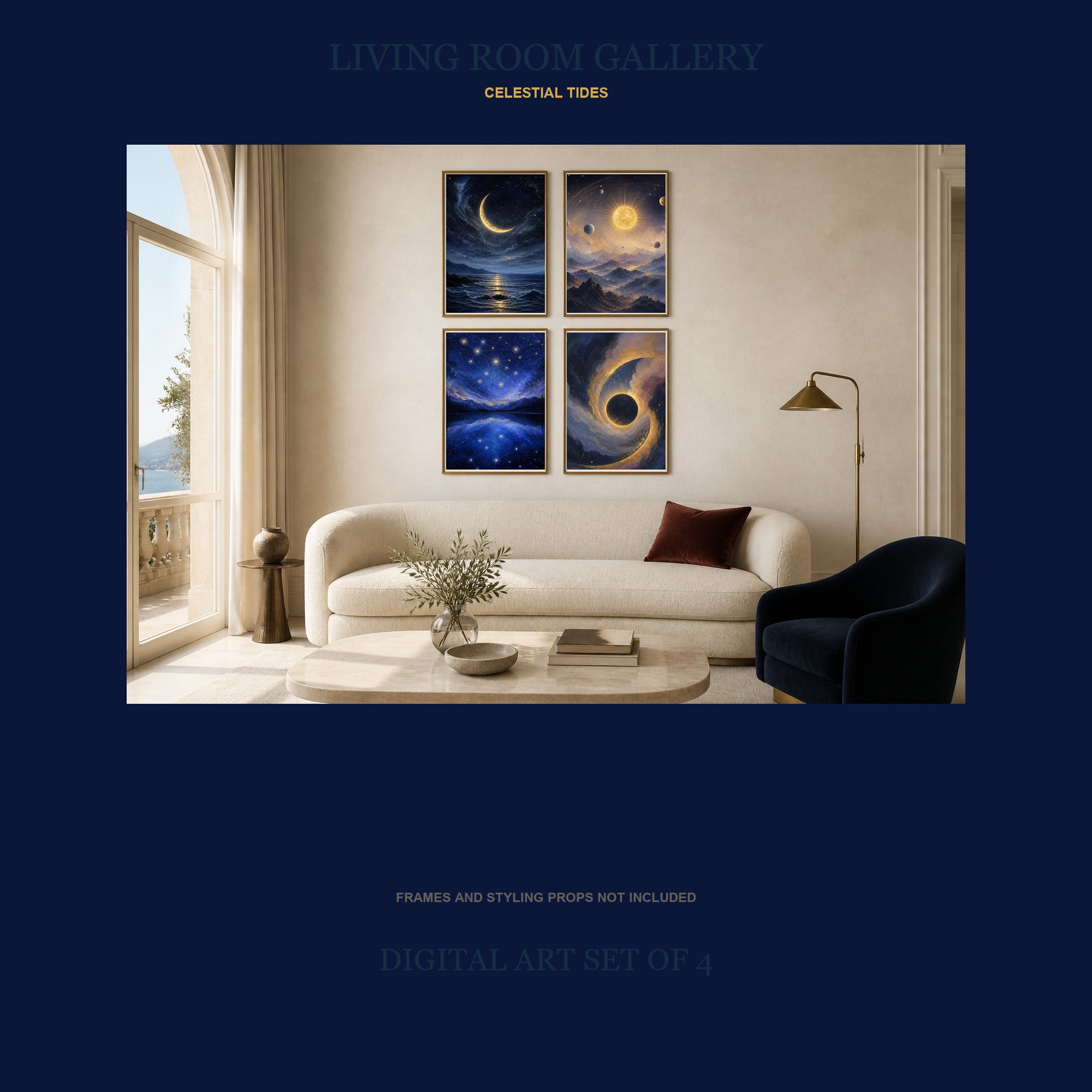Celestial Tides Printable Wall Art Set of 4 | Dreamy Celestial Set of Four Digital Prints