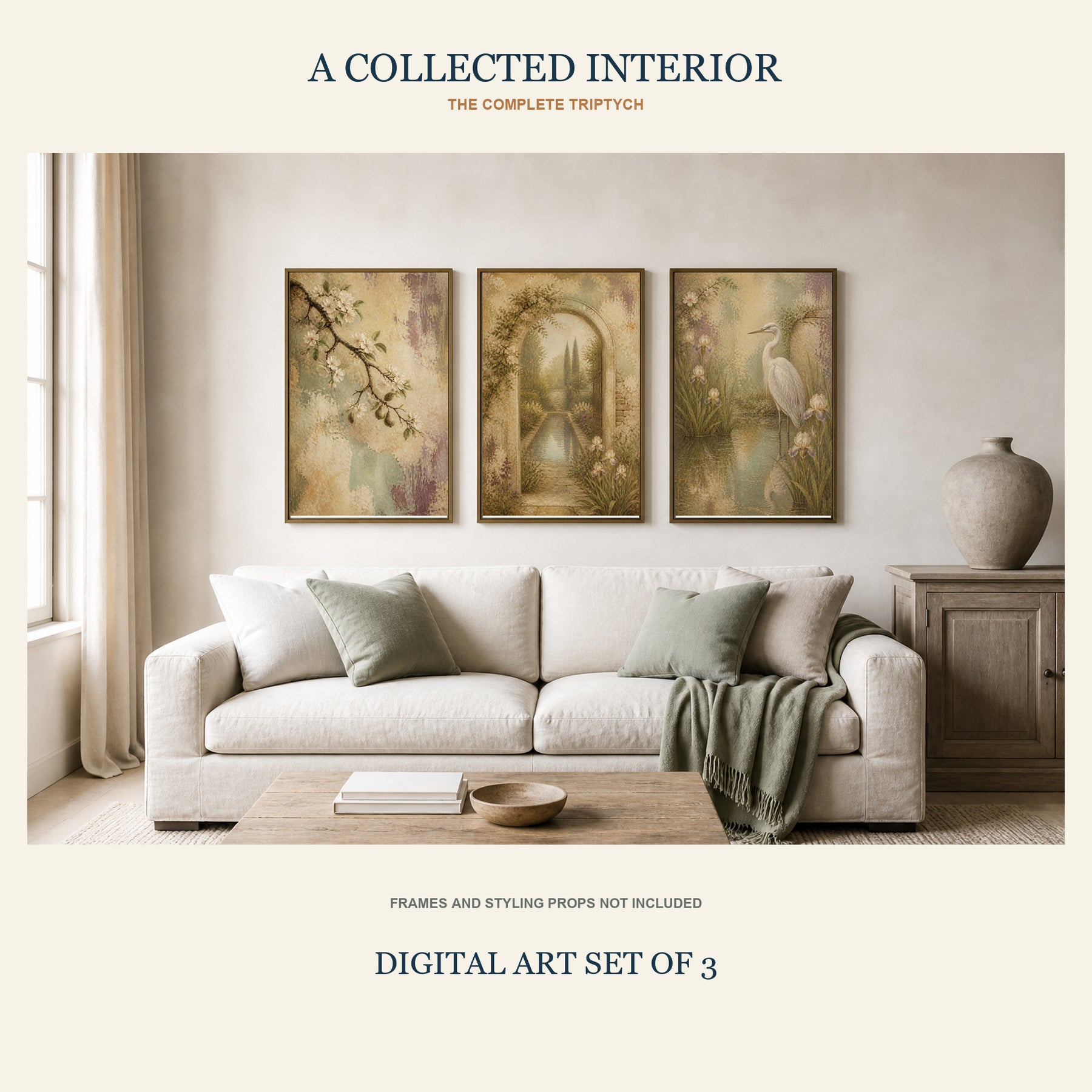 The Walled Garden Printable Wall Art Set of 3 | Vintage Botanical Garden & Heron Digital Prints