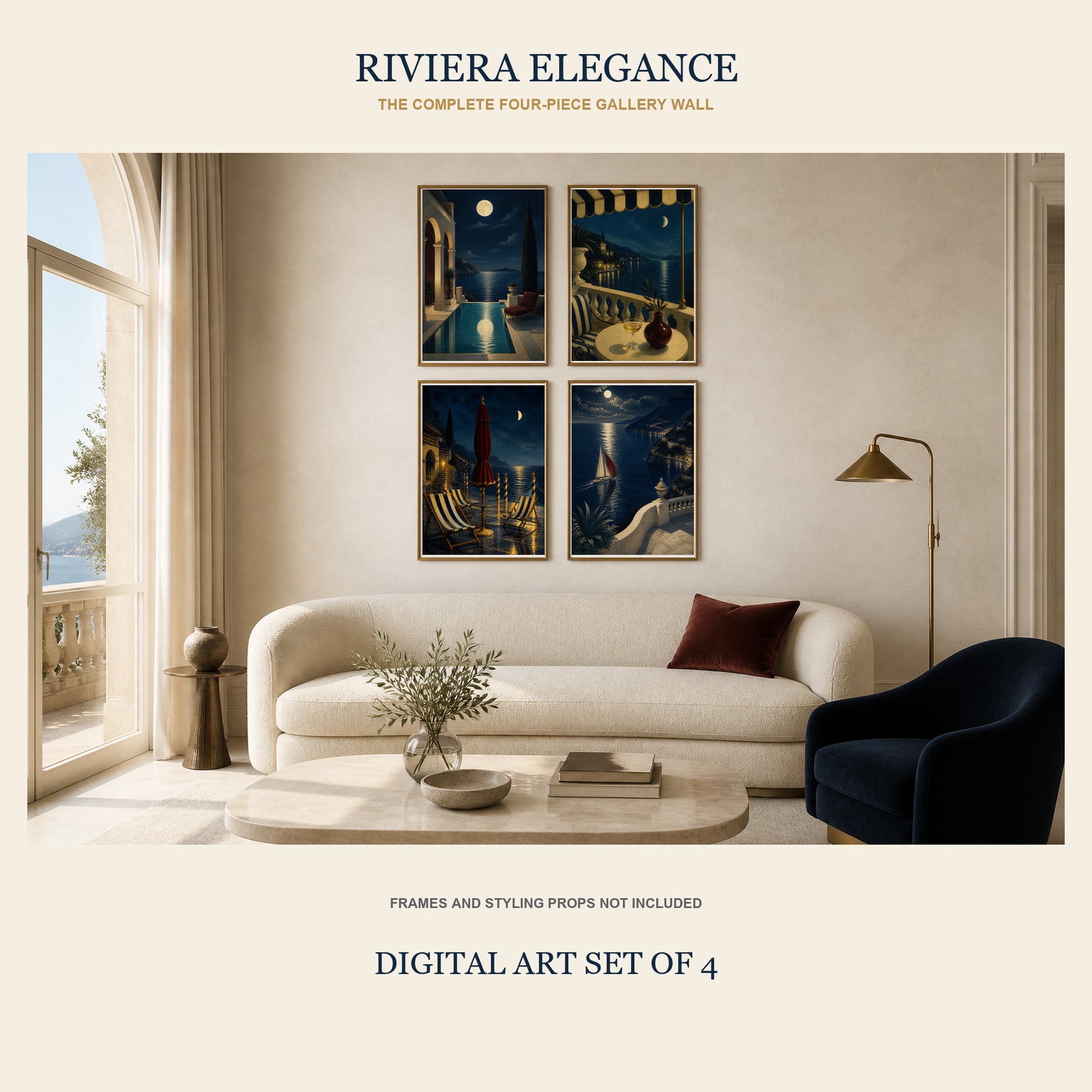 Riviera After Dark Printable Wall Art Set of 4 | Luxury Coastal Night Digital Prints
