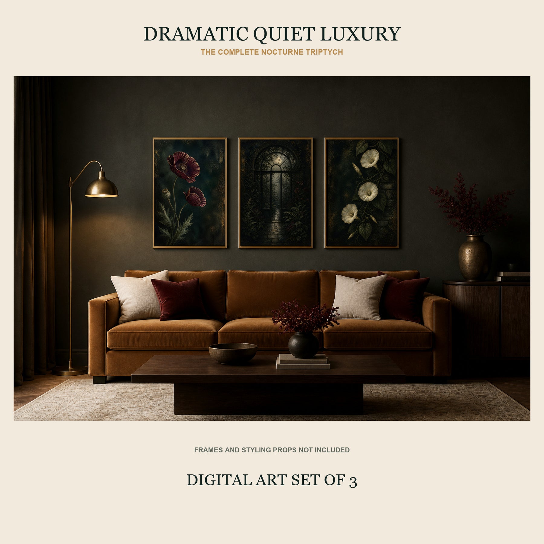 Nocturne Botanica Printable Wall Art Set of 3 | Moody Floral & Moonlit Garden Digital Prints