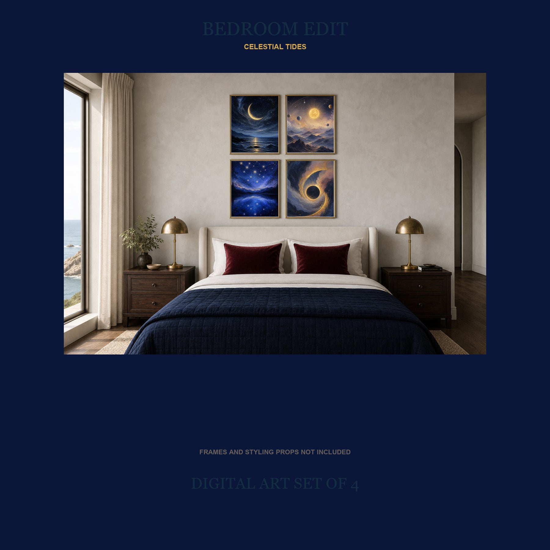 Celestial Tides Printable Wall Art Set of 4 | Dreamy Celestial Set of Four Digital Prints
