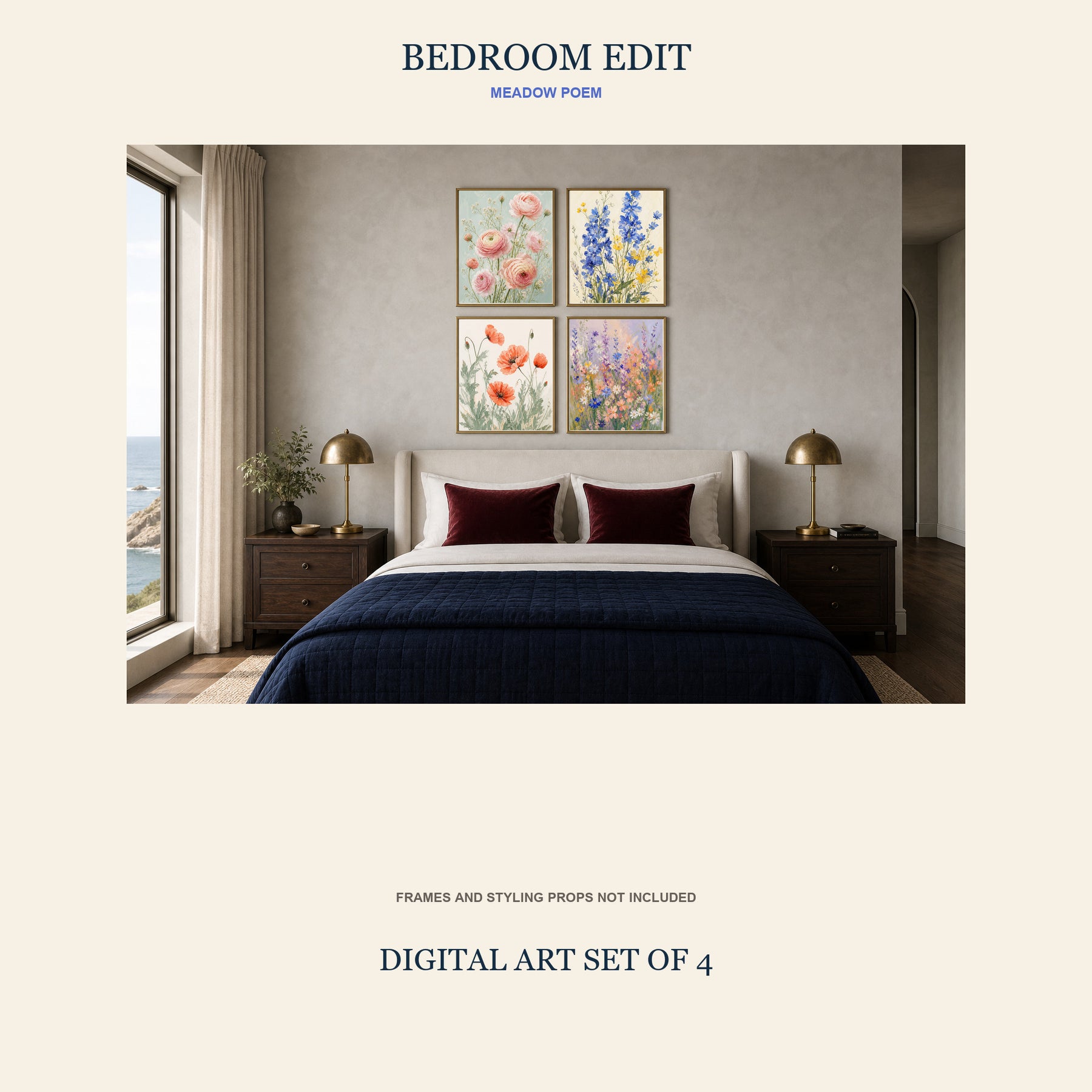 Meadow Poem Printable Wall Art Set of 4 | Romantic Wildflower Set of Four Digital Prints