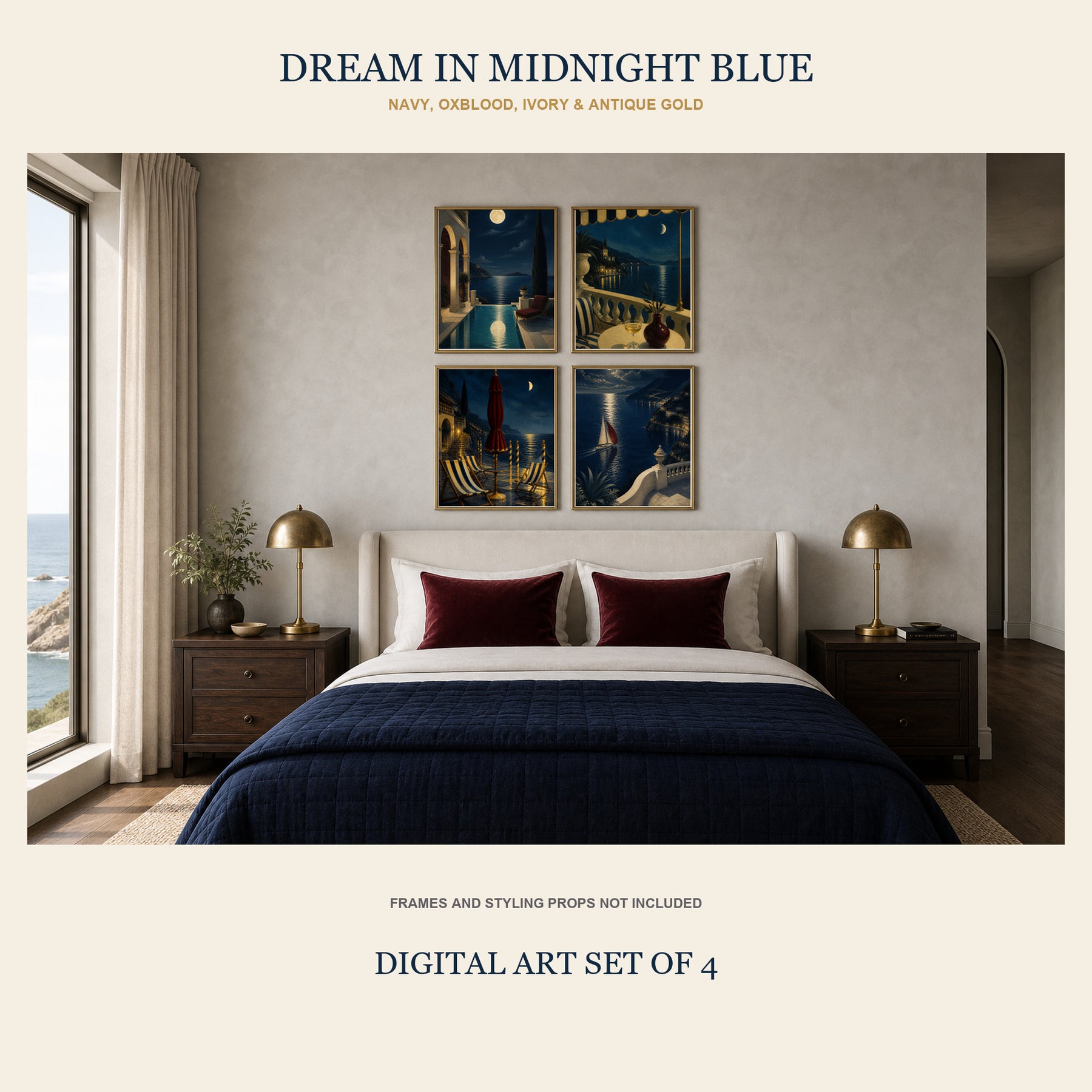 Riviera After Dark Printable Wall Art Set of 4 | Luxury Coastal Night Digital Prints