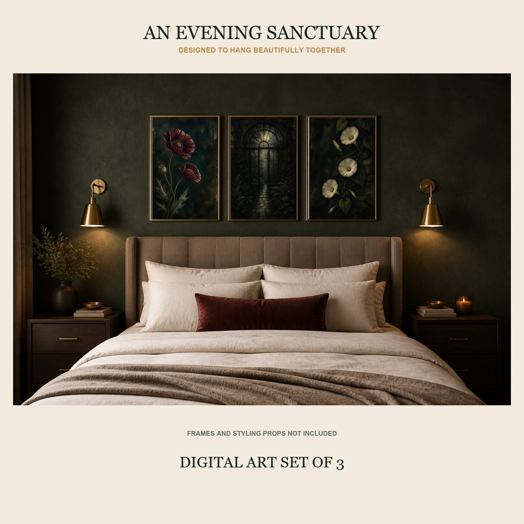 Nocturne Botanica Printable Wall Art Set of 3 | Moody Floral & Moonlit Garden Digital Prints