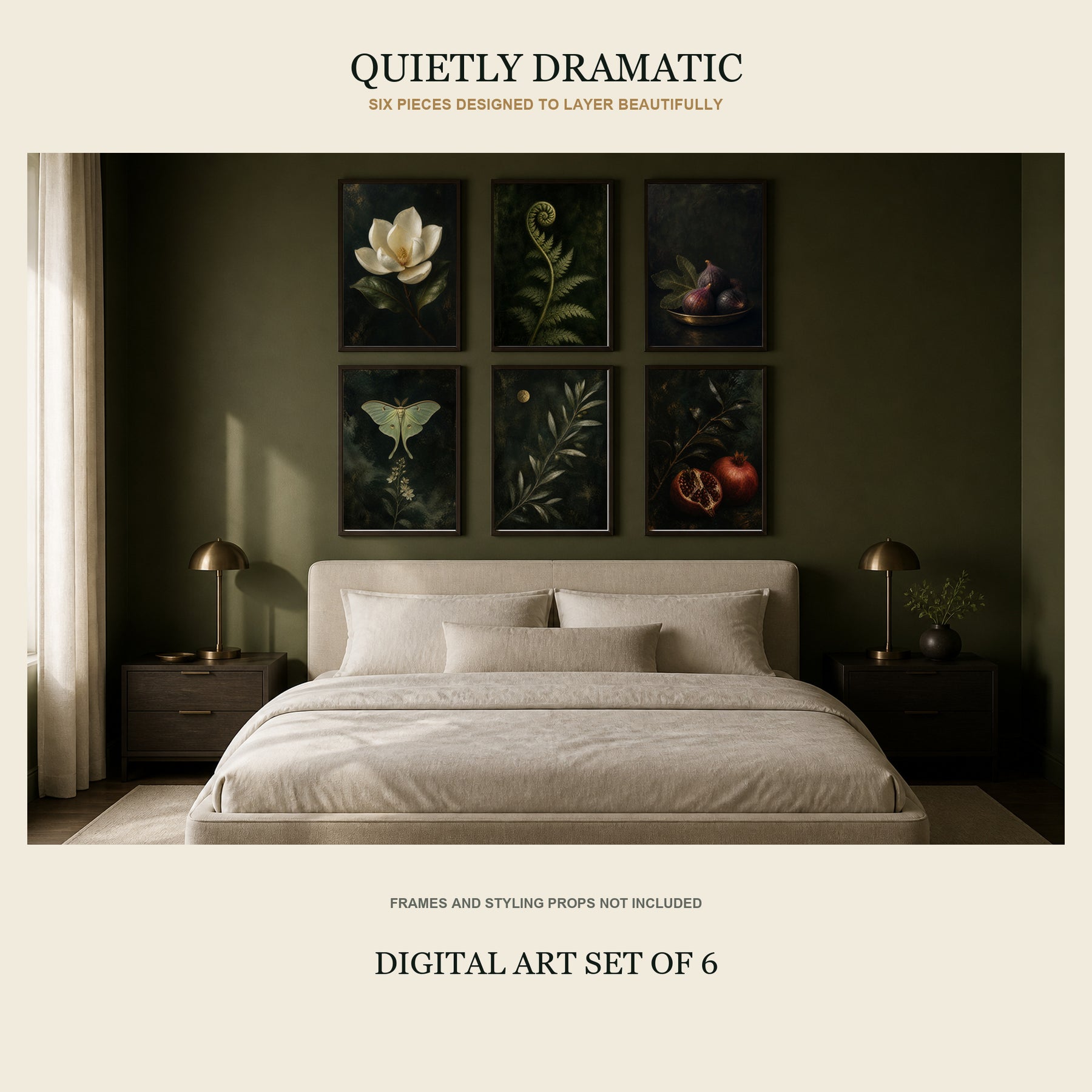 Velvet Botanica Printable Wall Art Set of 6 | Moody Dark Botanical Gallery Wall Digital Prints
