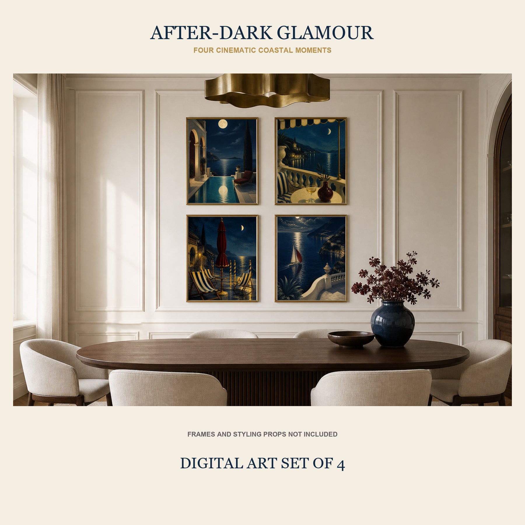Riviera After Dark Printable Wall Art Set of 4 | Luxury Coastal Night Digital Prints