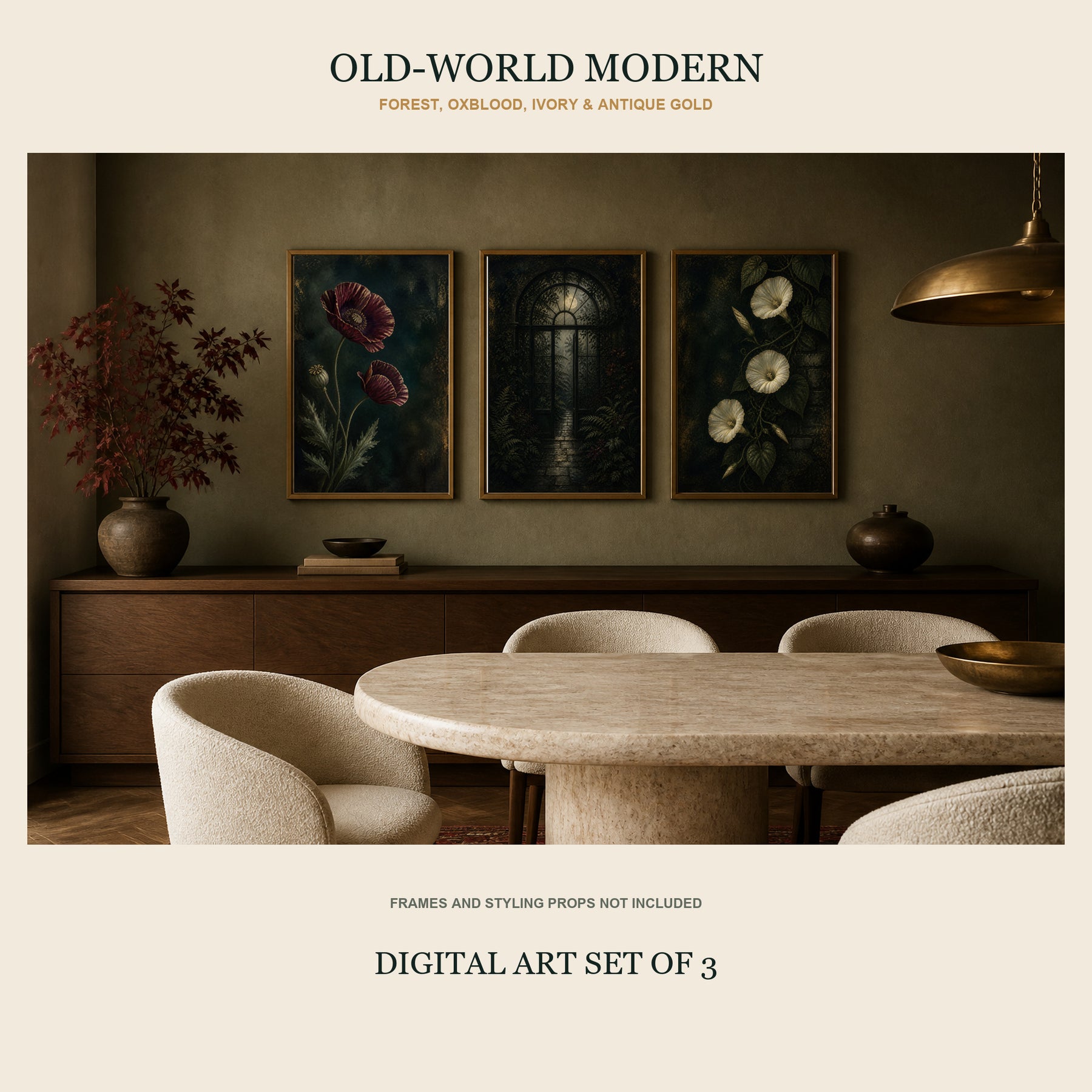 Nocturne Botanica Printable Wall Art Set of 3 | Moody Floral & Moonlit Garden Digital Prints