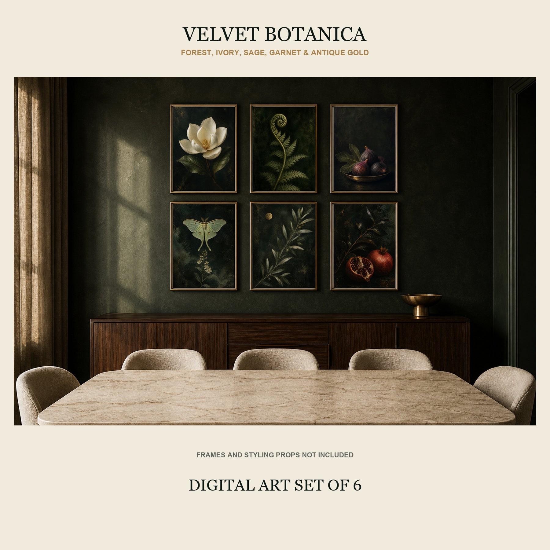 Velvet Botanica Printable Wall Art Set of 6 | Moody Dark Botanical Gallery Wall Digital Prints