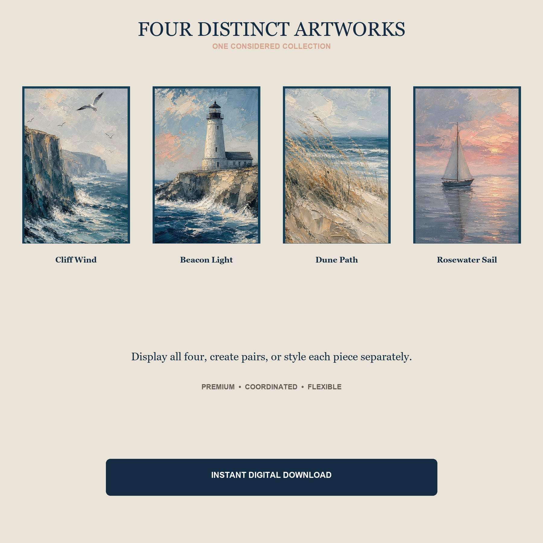 Wild Atlantic Printable Wall Art Set of 4 | Painterly Coastal Set of Four Digital Prints