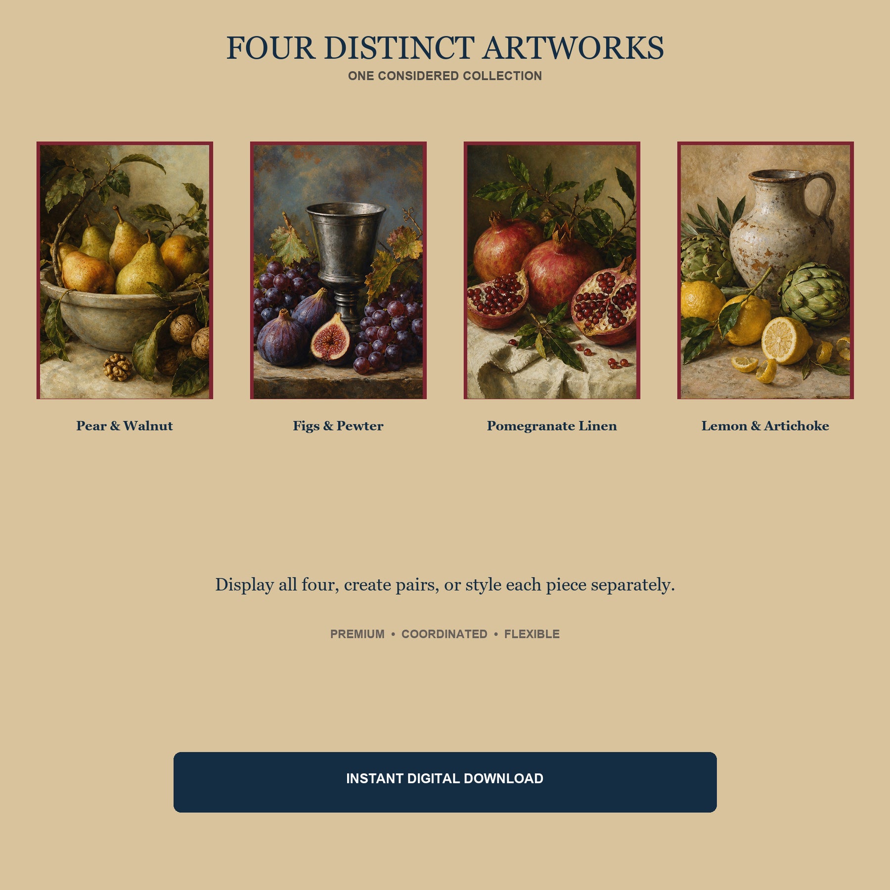 Harvest Table Printable Wall Art Set of 4 | European Still Life Set of Four Digital Prints