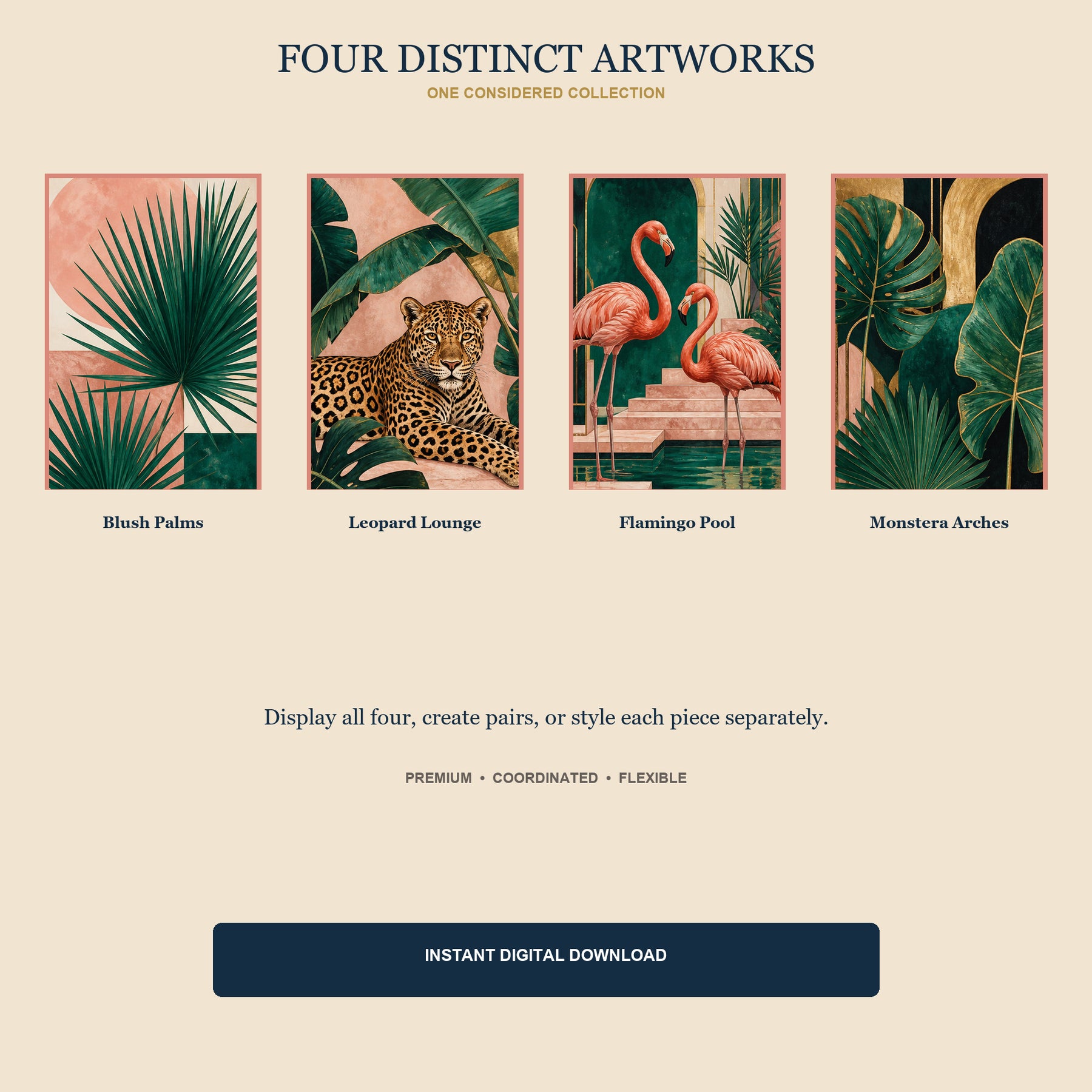Palm Society Printable Wall Art Set of 4 | Tropical Art Deco Set of Four Digital Prints