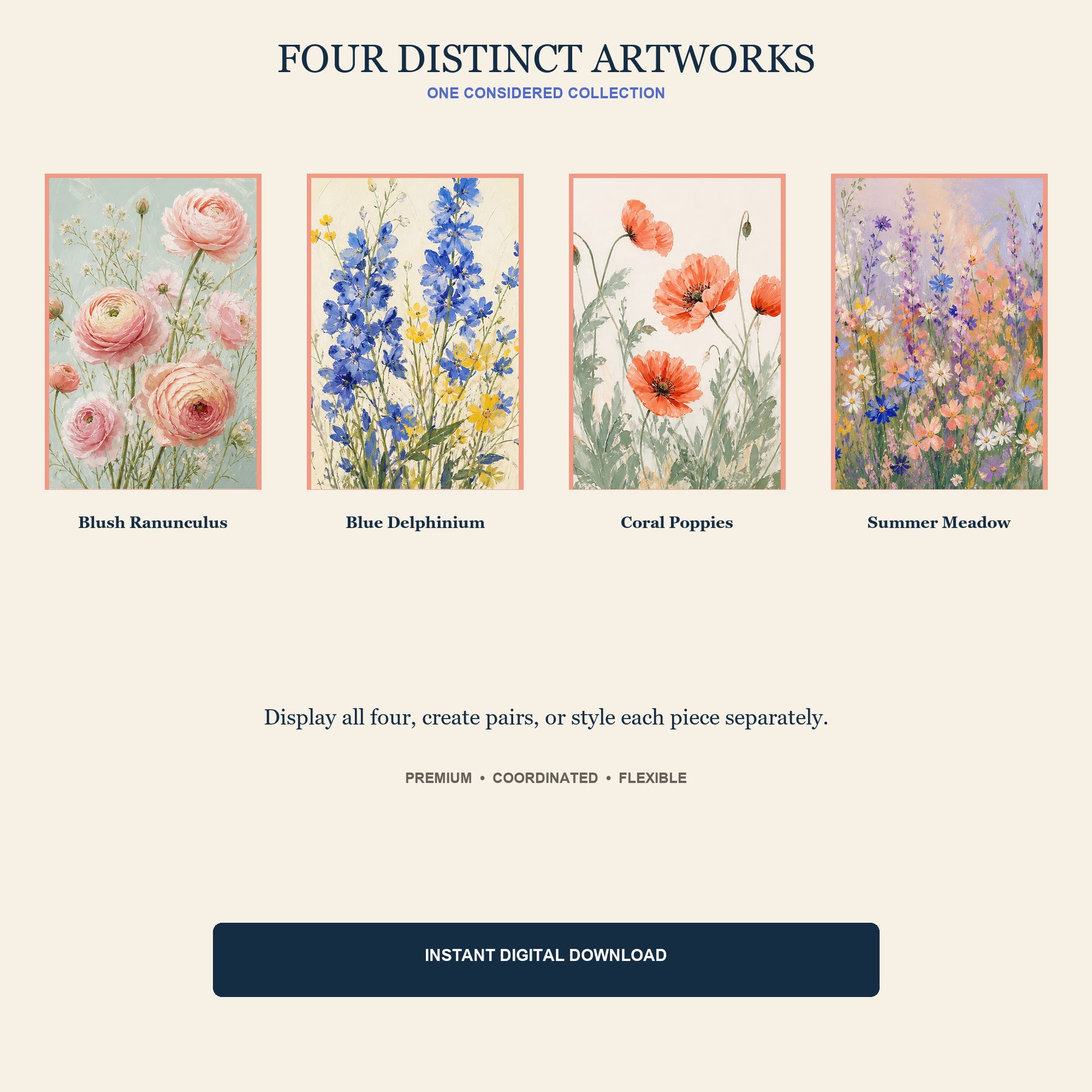 Meadow Poem Printable Wall Art Set of 4 | Romantic Wildflower Set of Four Digital Prints