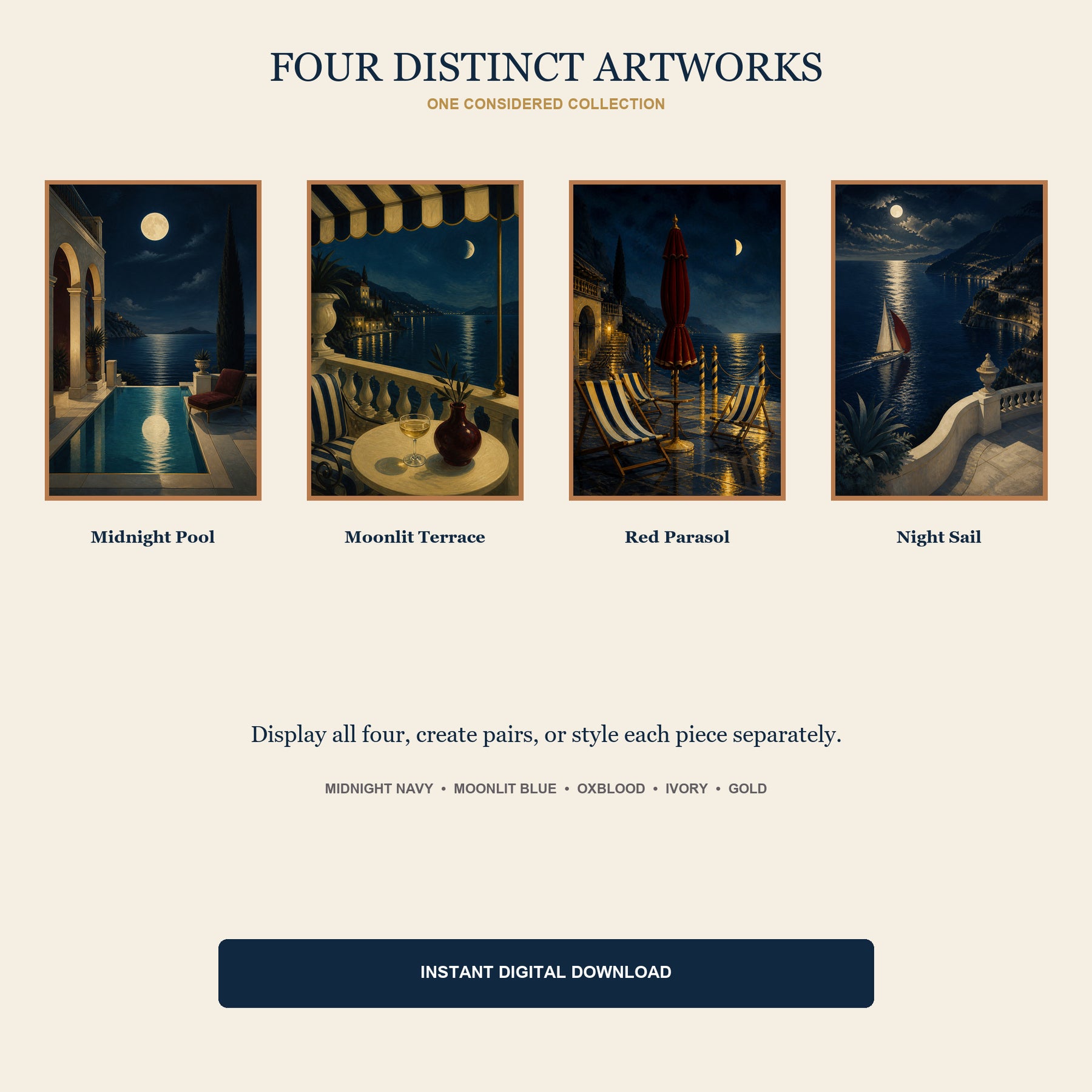 Riviera After Dark Printable Wall Art Set of 4 | Luxury Coastal Night Digital Prints