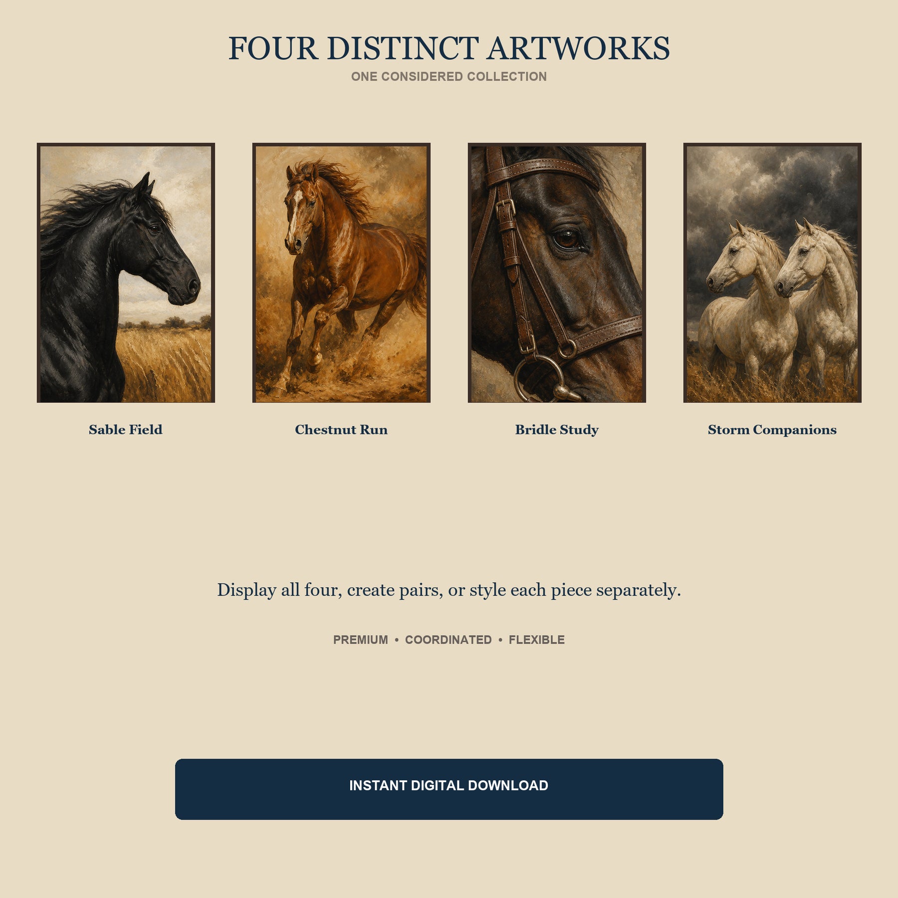 Sable & Saddle Printable Wall Art Set of 4 | Luxury Equestrian Set of Four Digital Prints