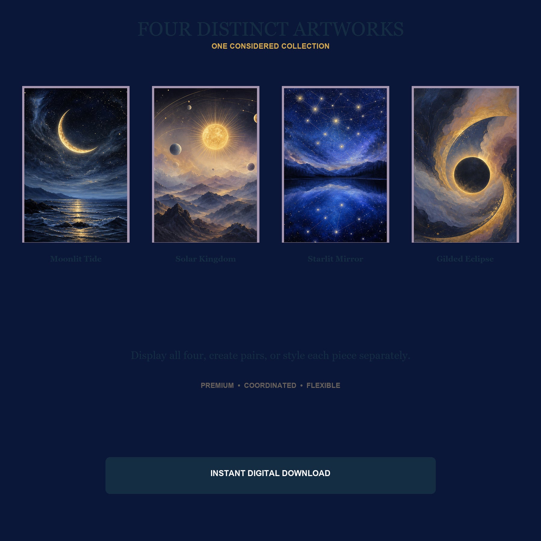 Celestial Tides Printable Wall Art Set of 4 | Dreamy Celestial Set of Four Digital Prints
