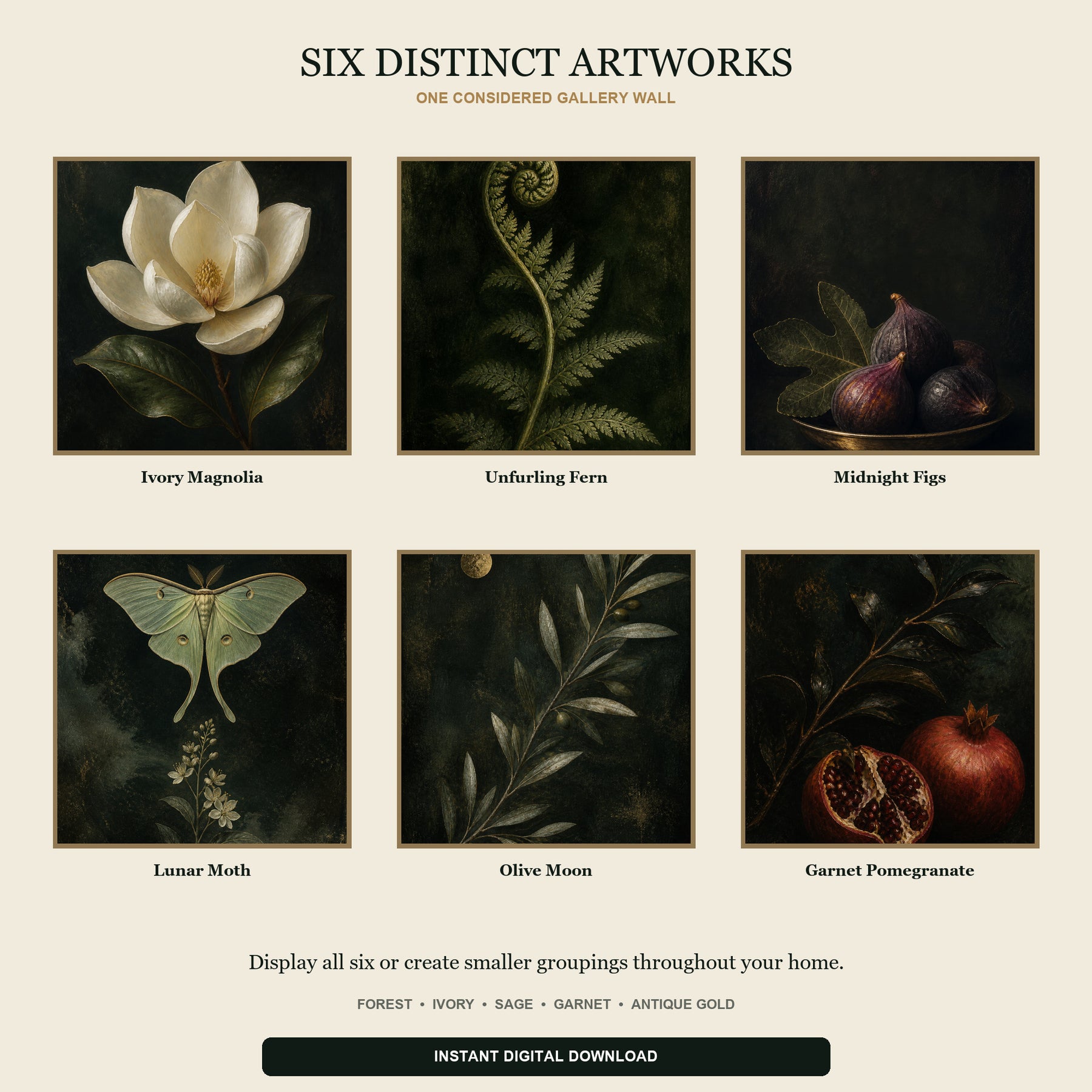 Velvet Botanica Printable Wall Art Set of 6 | Moody Dark Botanical Gallery Wall Digital Prints