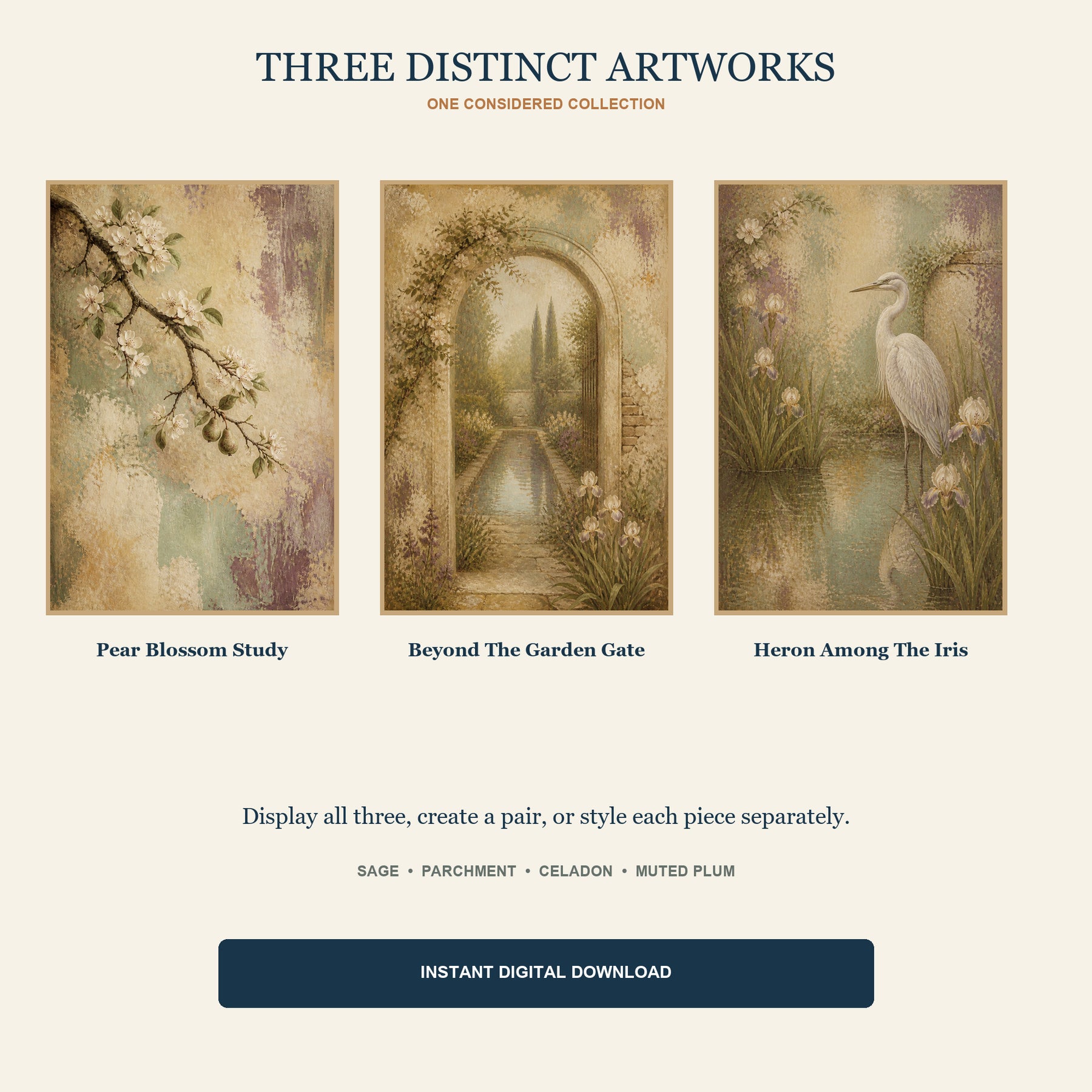 The Walled Garden Printable Wall Art Set of 3 | Vintage Botanical Garden & Heron Digital Prints