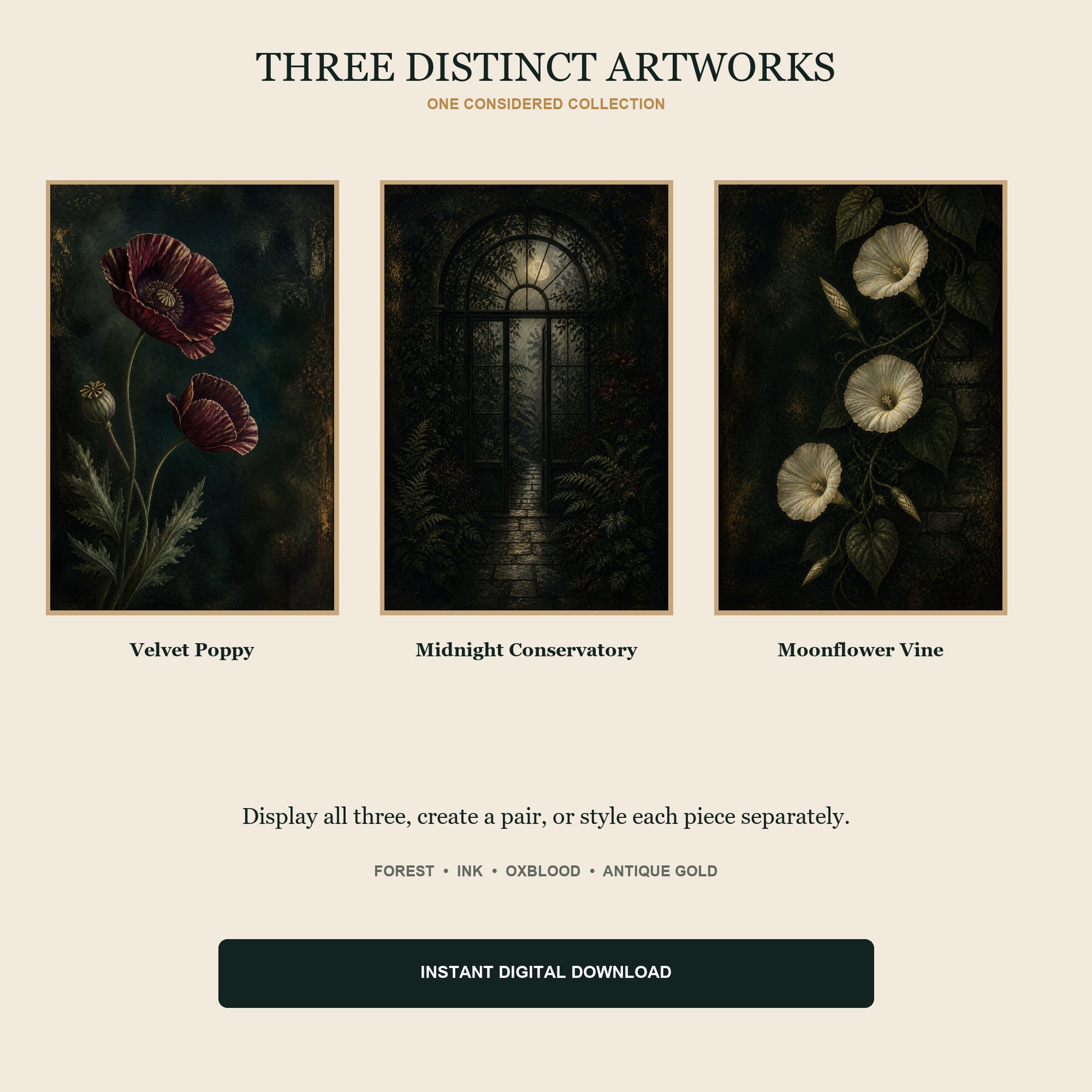 Nocturne Botanica Printable Wall Art Set of 3 | Moody Floral & Moonlit Garden Digital Prints