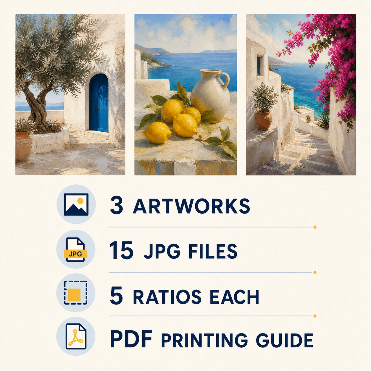 Azure & Citrus Mediterranean Wall Art Set of 3 - Digital Download