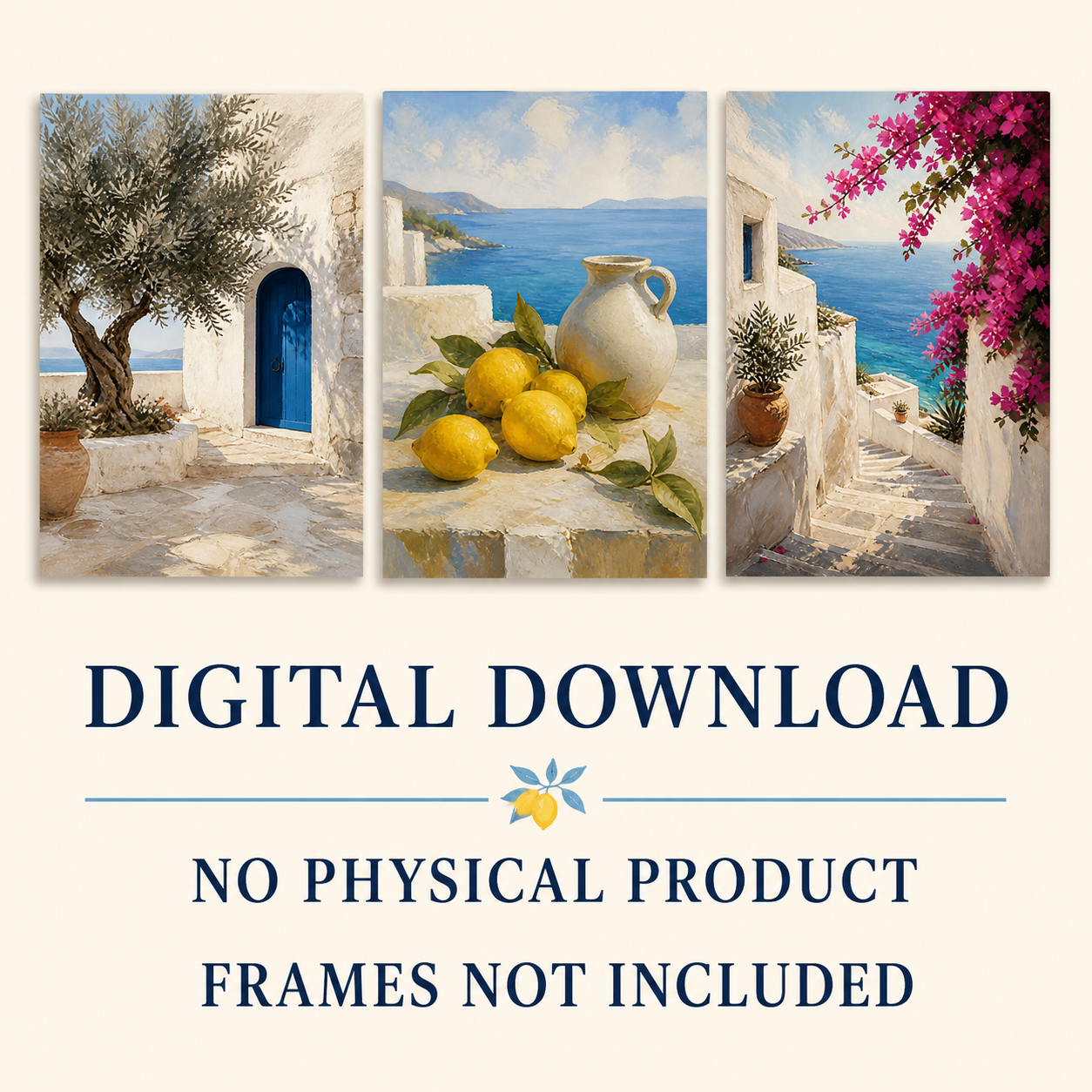 Azure & Citrus Mediterranean Wall Art Set of 3 - Digital Download